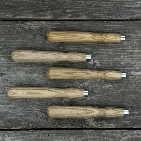 Set of 5 Ash Wood Handles for Chisels and Gouges with Aluminum Rings