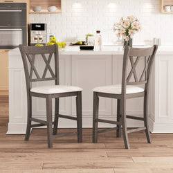 Set of 2 Bar Stools with Cross Back and Linen Fabric Upholstered Seat-Beige