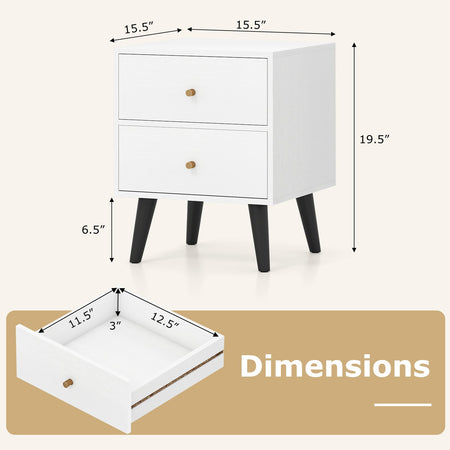 Nightstand Set of 2 Mid Century Modern Bedside Table with Golden Knobs and Raised Support Legs