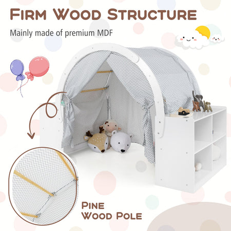 Wooden Kids Play Tent with Curtain Shades and 8 Cubbies-White